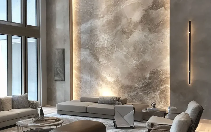 marbleledgestone A modern living room with a polished marble ledgerstone feature wall, showcasing elegant veining and textured sophistication in a minimalist design.