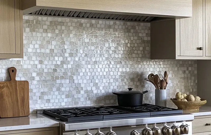 Elegant marble mosaic backsplash in a modern kitchen setting, showcasing the timeless beauty and intricate design of Stone Market USA's premium mosaic tiles.