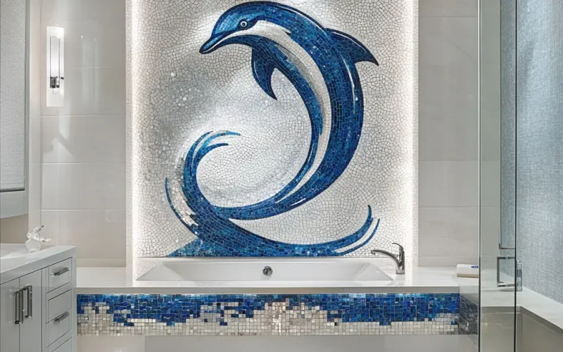 An elegant bathroom featuring a mosaic tile wall adorned with an intricate animal figure, such as a majestic bird or a graceful dolphin, crafted in shades of blue, white, and silver. The mosaic art becomes the focal point of the space, illuminated by soft natural light. The design is complemented by modern fixtures and a minimalist aesthetic, showcasing the artistic versatility and sophistication of premium mosaic tiles.