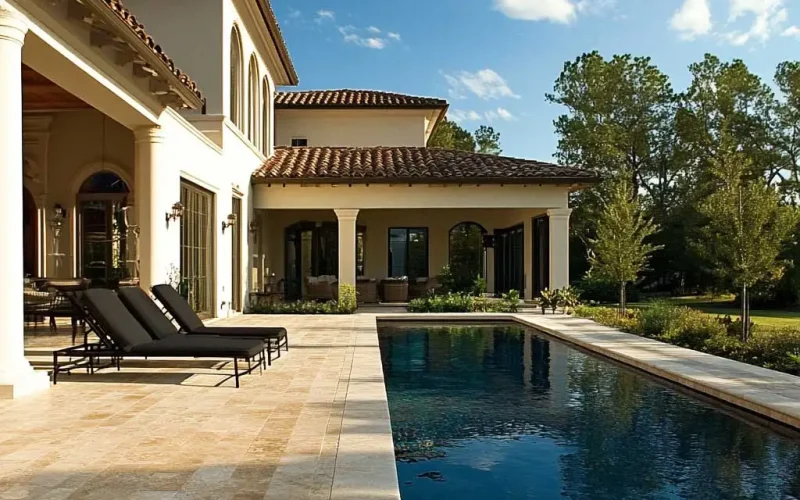 Elegant pool with travertine coping, showcasing natural stone beauty and seamless integration with the pool deck.