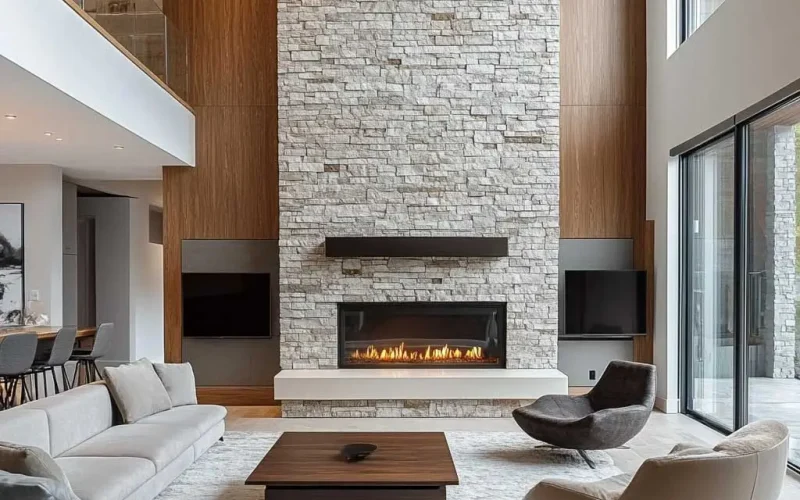 Modern living room with a feature wall made of natural ledgestone, showcasing the textured elegance of stacked stone in neutral earthy tones. Perfect for interior design inspiration.