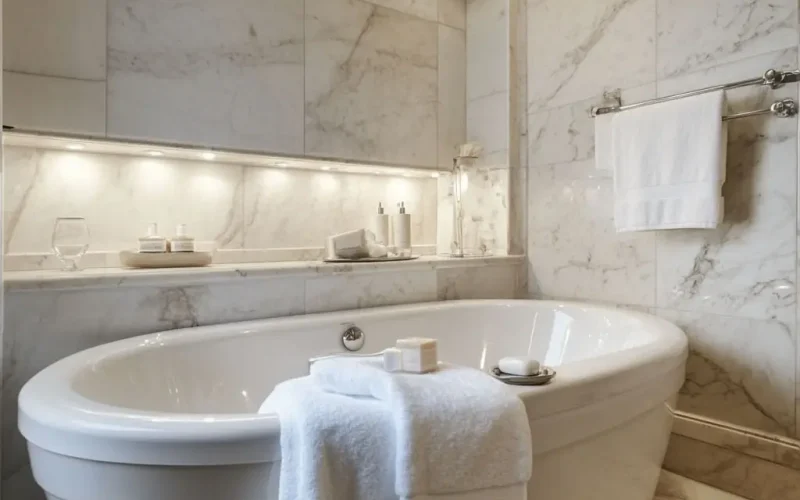 Elegant marble bathroom tiles showcasing timeless design and durability.