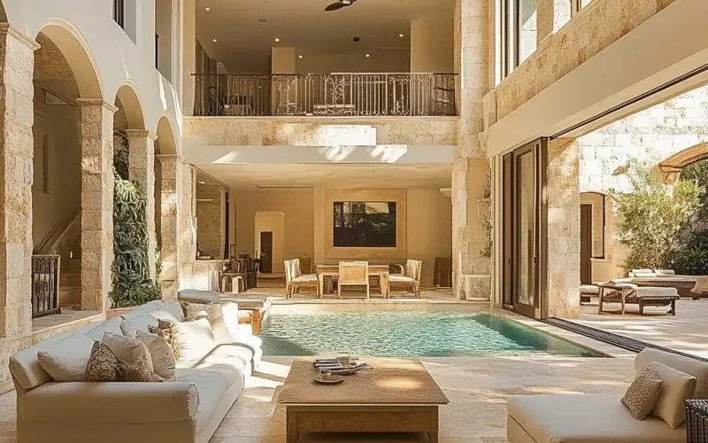 Travertine flooring in a modern living space, showcasing its natural elegance and warm tones.